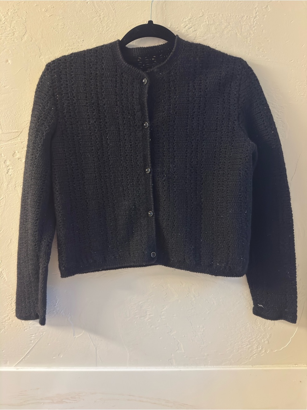 Vintage Women’s Black Knit Button-Front Cardigan Sweater Round Neck Long Sleeve